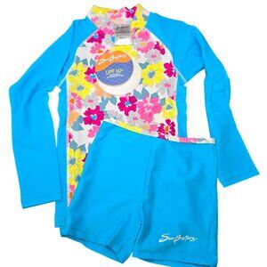 SunBusters Girls UPF 50+ Rash Set Floral Blue 2-3 Long Sleeve & Shorts JJ4128